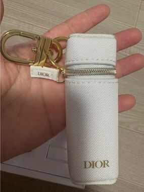 DIOR White Zip Keychain Pouch with Gold Hardware